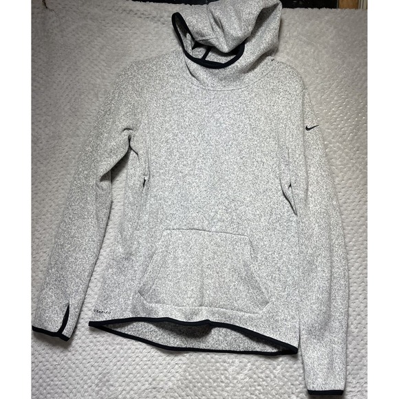 Nike Tops - Nike Gray Therma-Fit Knit Hoodie Pullover Black Swoosh Logo Hooded‎ Size Medium